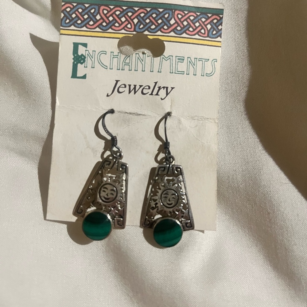 Vintage .925 Sterling Silver Malachite Aztec Sun Celestial Earrings